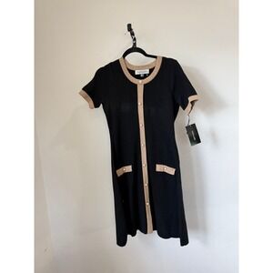 TAYLOR Black Tan Trim Button‎ Front Short Sleeve Knit Dress Size S